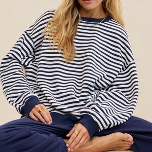 AERIE Navy Blue & White Stripe Oversized Pullover Sweatshirt 2XL/XXL